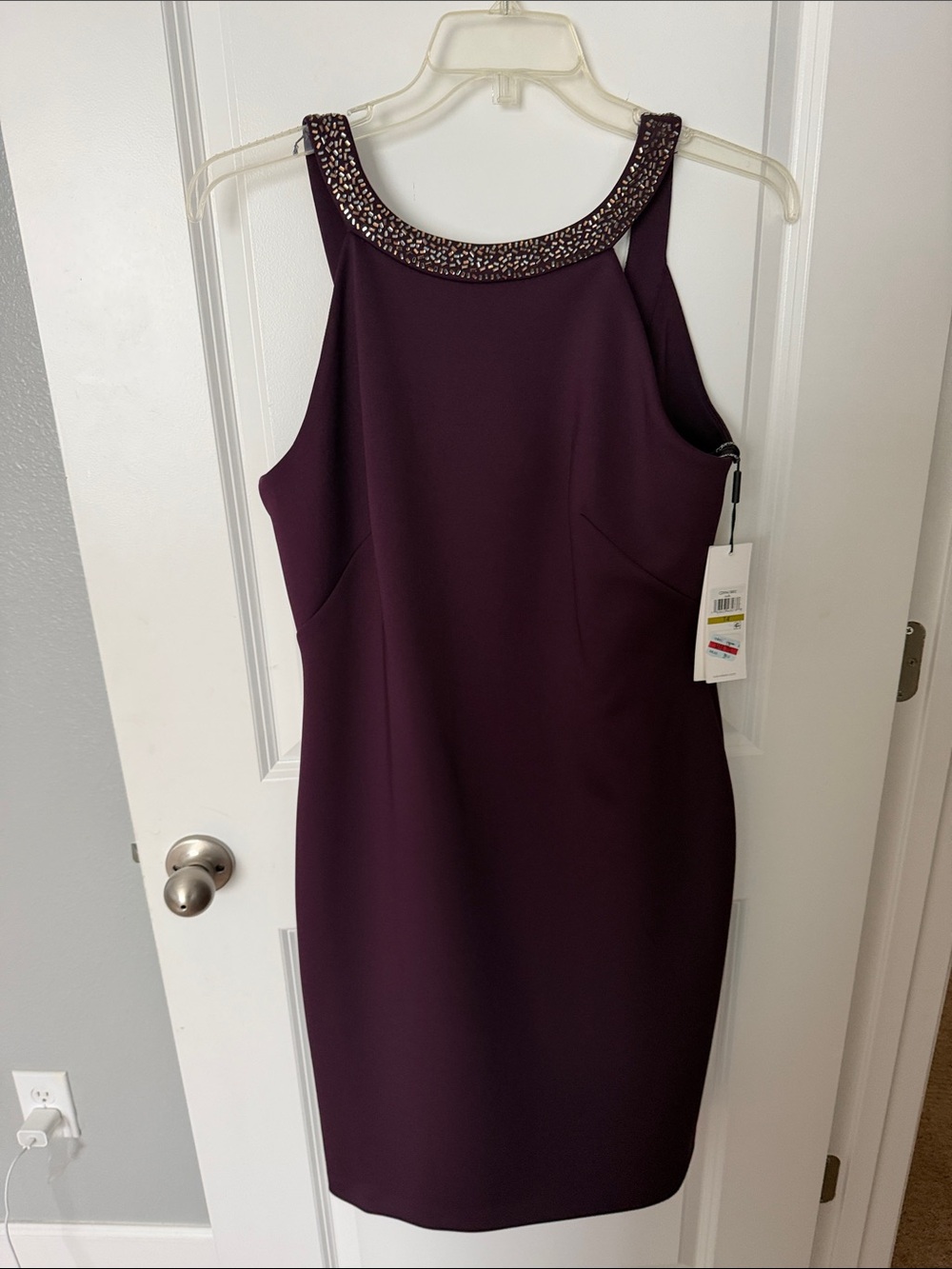 Calvin Klein Embellished Neckline Sleeveless Purple Sheath Dress